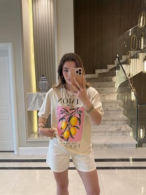 Ekru Pembe Limon Boskılı Basic Tişört