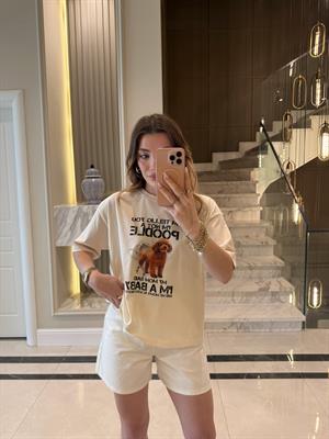 Ekru Poddle Baskılı Basic Tişört