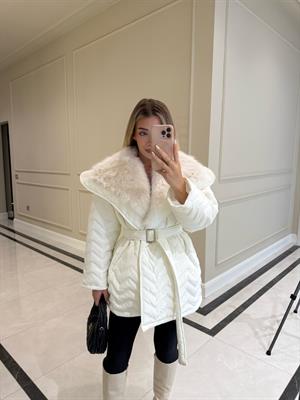 Ekru Rugan Kürk Detaylı Şişme Mont