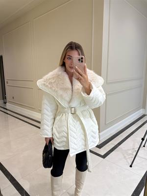 Ekru Rugan Kürk Detaylı Şişme Mont
