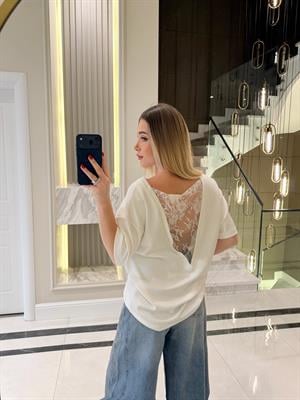Ekru Sırtı V Dantel Detaylı Kısa Kollu Tshirt-1050 -