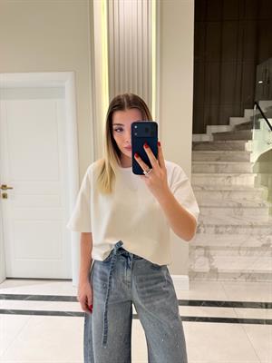 Ekru Sırtı V Dantel Detaylı Kısa Kollu Tshirt-1050 -