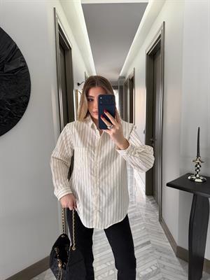 Ekru -Siyah Çizgili Gömlek-1009