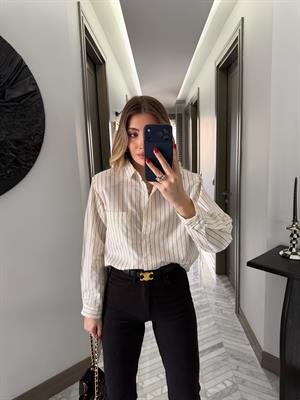 Ekru -Siyah Çizgili Gömlek-1009