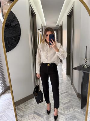 Ekru -Siyah Çizgili Gömlek-1009