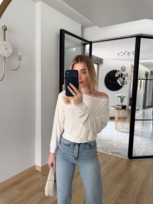 Ekru Tek Omzu Açık Dantelli Bluz-1013