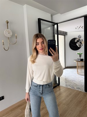 Ekru Tek Omzu Açık Dantelli Bluz-1013