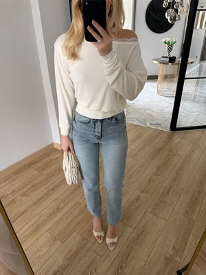 Ekru Tek Omzu Açık Dantelli Bluz-1013