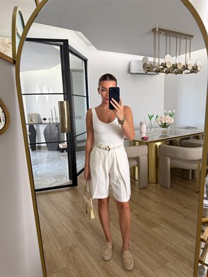 Ekru Tencel  Bermuda Şort-9091