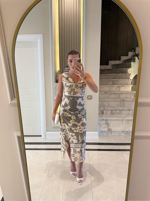 Ekru Üzerine Haki   Desenli Tasarım Elbise