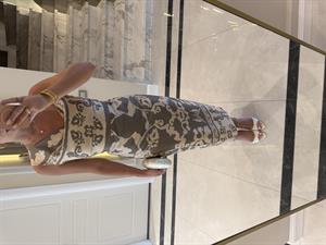 Ekru Üzerine Haki   Desenli Tasarım Elbise