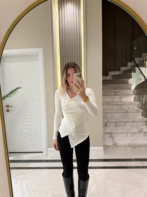 Ekru Yandan Düğmeli Bluz-1074