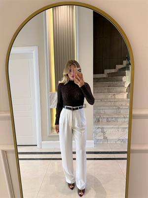 Ekru Yüksek Bel Palazzo Pantolon -7954