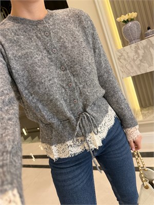 Füme Dantel Detaylı Beli Bağcıklı Triko Hırka - 1085