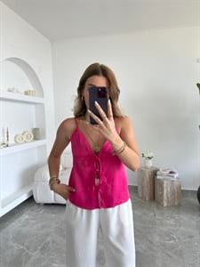 Fuşya Saten Marka Model Askılı Bluz