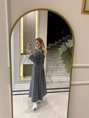 Gri Düğmeli Ekose Desenli Elbise-5229