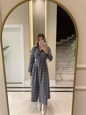 Gri Düğmeli Ekose Desenli Elbise-5229