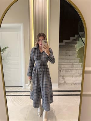 Gri Düğmeli Ekose Desenli Elbise-5229