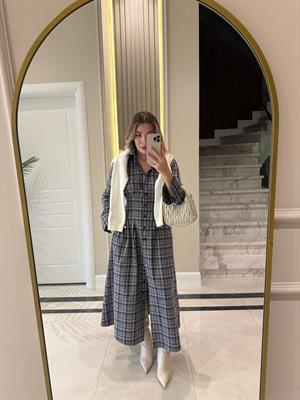 Gri Düğmeli Ekose Desenli Elbise-5229