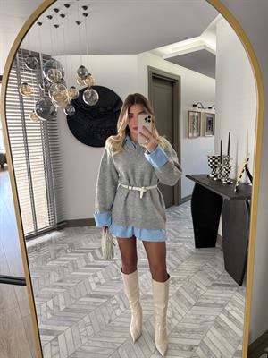 Gri Gömlek Görünümlü V Yaka Elbise-4661