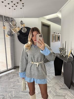 Gri Gömlek Görünümlü V Yaka Elbise-4661