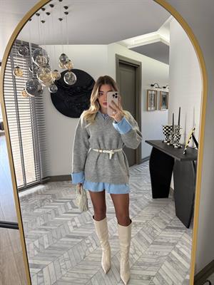 Gri Gömlek Görünümlü V Yaka Elbise-4661