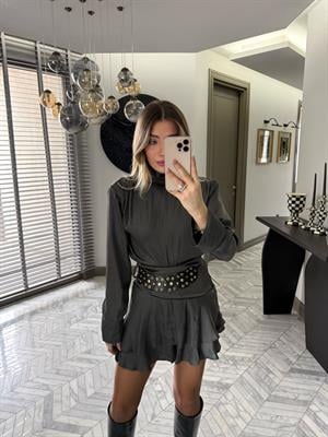 Gri Kemerli Vatkalı Saten İkili Takım
