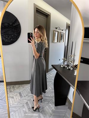 Gri Kısa Kollu Pensli Elbise-1013