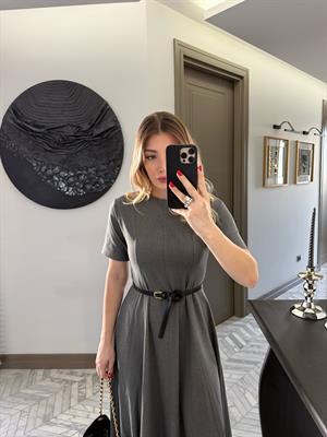 Gri Kısa Kollu Pensli Elbise-1013