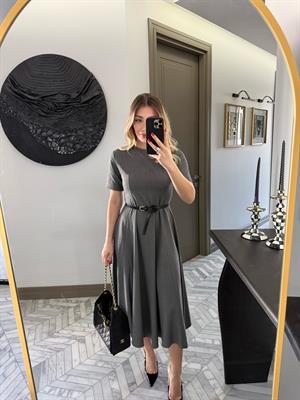 Gri Kısa Kollu Pensli Elbise-1013