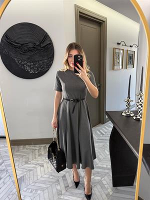 Gri Kısa Kollu Pensli Elbise-1013