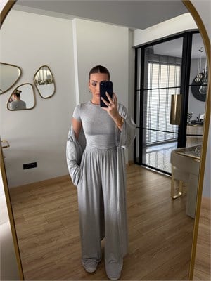 Gri Modal Kumaş Üçlü Kimonolu Takım
