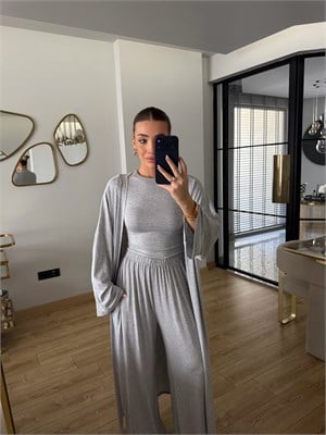 Gri Modal Kumaş Üçlü Kimonolu Takım