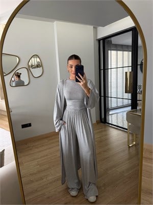 Gri Modal Kumaş Üçlü Kimonolu Takım