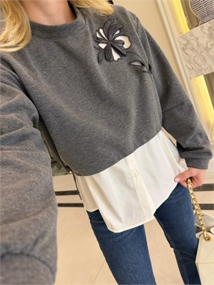 Gri Nakışlı Gömlek Detaylı Sweatshirt