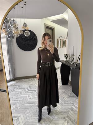 Kahverengi Pilikaşeli Maksi Boy Etek-0392