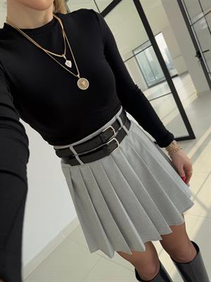 Gri  Pilili Çift Kemerli Etek