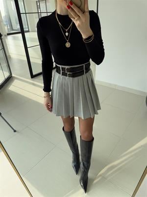 Gri  Pilili Çift Kemerli Etek