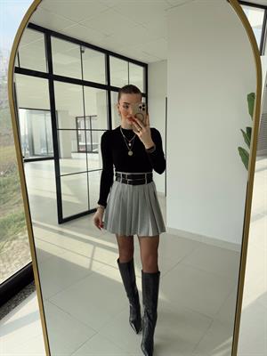 Gri  Pilili Çift Kemerli Etek