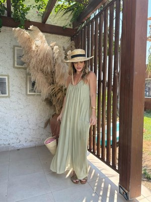 Haki Askılı Büzgülü Natural Elbise - 3173