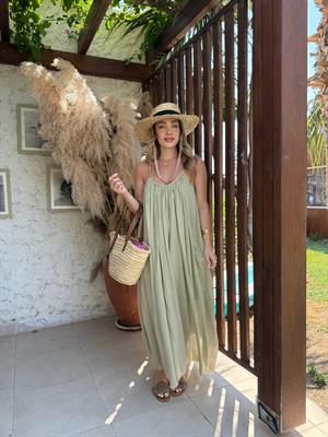 Haki Askılı Büzgülü Natural Elbise- 3173