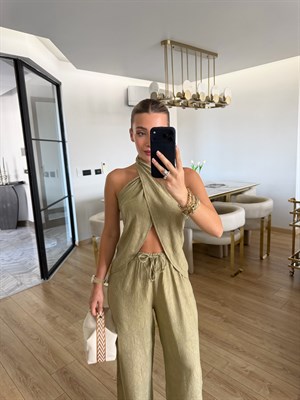 Haki Boyundan Geçmeli Bluz Pantolon İkili Takım-0979