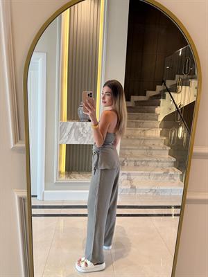 Haki Büzgülü Straplez Bluz-Pantolon Takım
