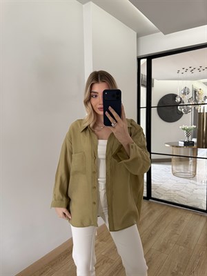 Haki Düşük Omuzlu Oversize Tensel Gömlek-4612
