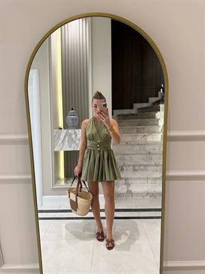 Haki Gold Düğmeli Ronse Mini Elbise