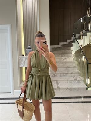 Haki Gold Düğmeli Ronse Mini Elbise