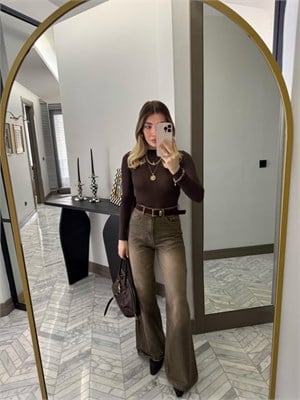Haki Kemerli Denim Palazzo Jean - 1021