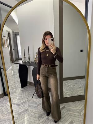 Haki  Kemerli Denim Palazzo Jean-1021