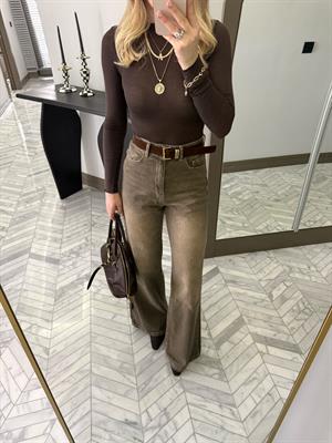 Haki  Kemerli Denim Palazzo Jean-1021