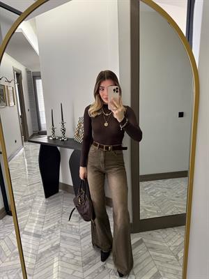 Haki  Kemerli Denim Palazzo Jean-1021